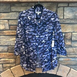 NWT ColdwaterCreek Blue-White Patterned 3/4 sleeve Button-Up Shirt - Size XL/16.